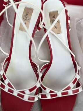 Valentino Garavani Red and White  Rockstud Slingback Sandals